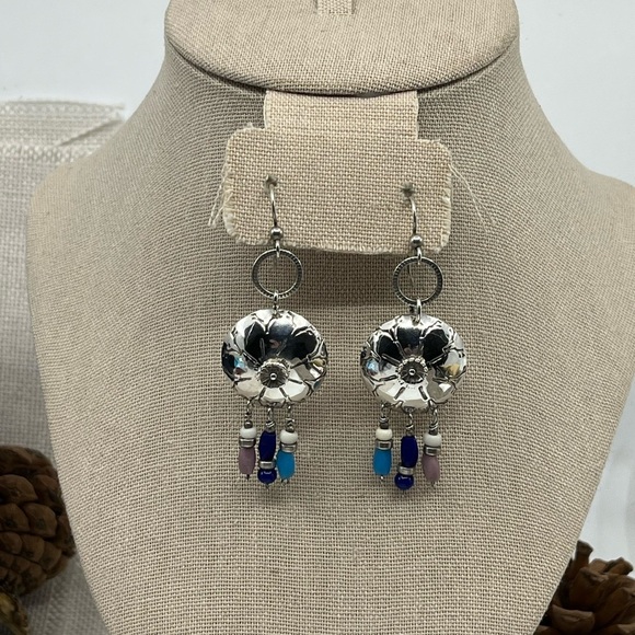 90's Handmade Sterling Silver Shell Drop Earrings with Beaded Accents - Picture 5 of 17